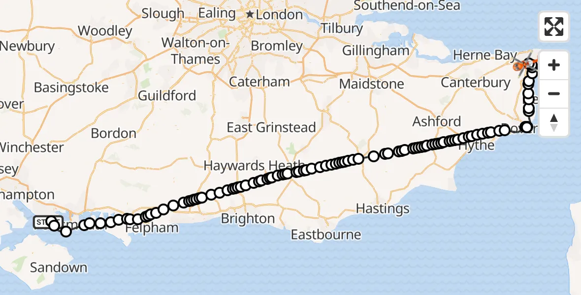 Flight path map showing Coastguard Helicopter route from Solent Airport to Manston Airport