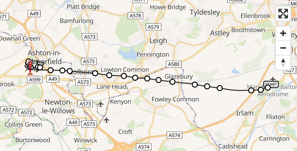 Flight path map showing Air Ambulance Helicopter route from Manchester Barton Aerodrome to Haydock