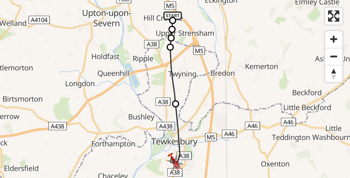 Flight path map showing Air Ambulance Helicopter route from Hill Croome to Tewkesbury