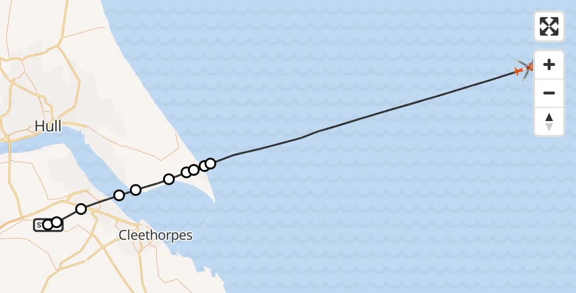 Flight path map showing Coastguard Helicopter route from Humberside Airport to North Sea