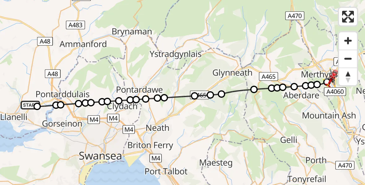 Flight path map showing Air Ambulance Helicopter route from Dafen to Merthyr Tydfil