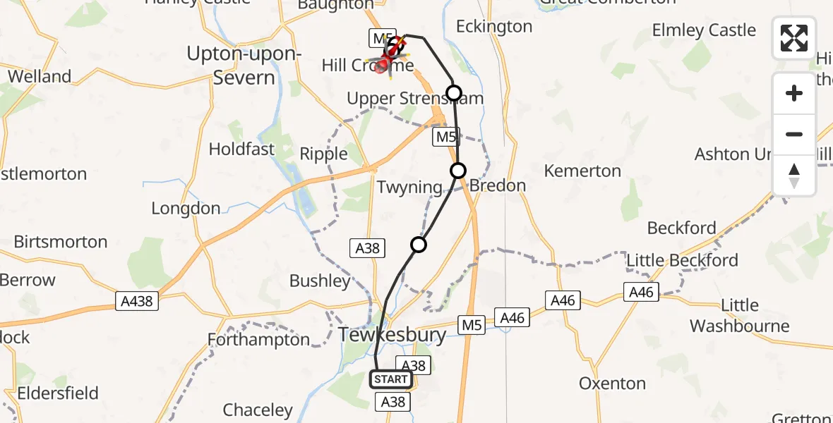 Flight path map showing Air Ambulance Helicopter route from Tewkesbury to Hill Croome