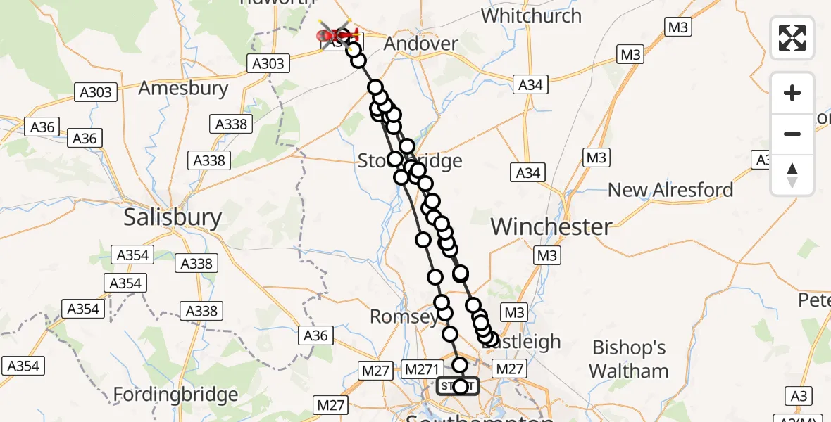 Flight path map showing Air Ambulance Helicopter route from University Hospital Southampton to Fyfield