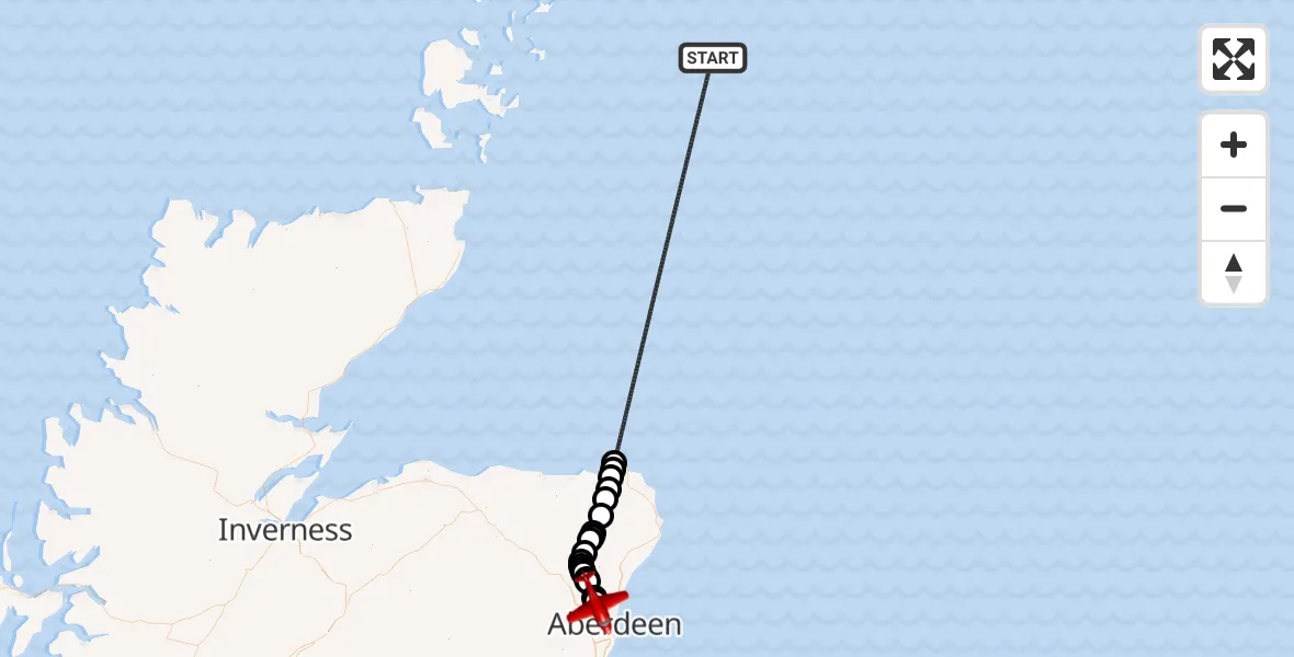Flight path map showing Air Ambulance Aircraft route from North Sea to Aberdeen City