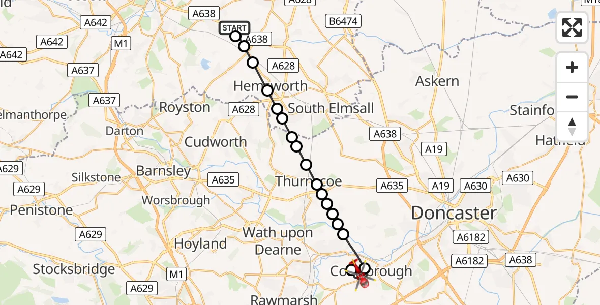 Flight path map showing Air Ambulance Helicopter route from YAA Nostell Helicopter Port to Conisbrough