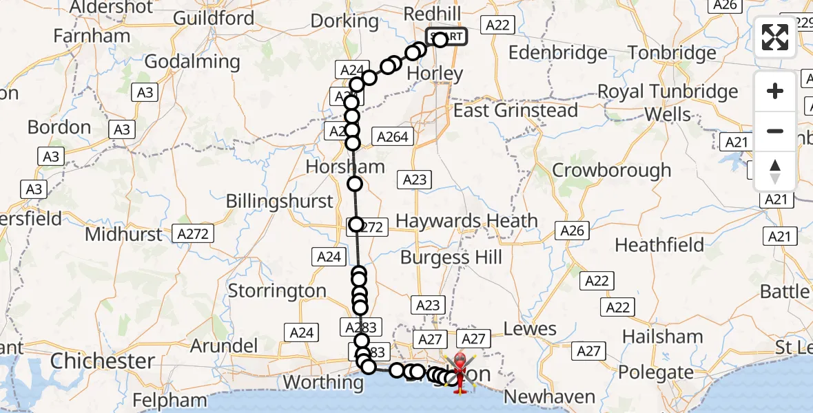 Flight path map showing Air Ambulance Helicopter route from Redhill Aerodrome to Brighton