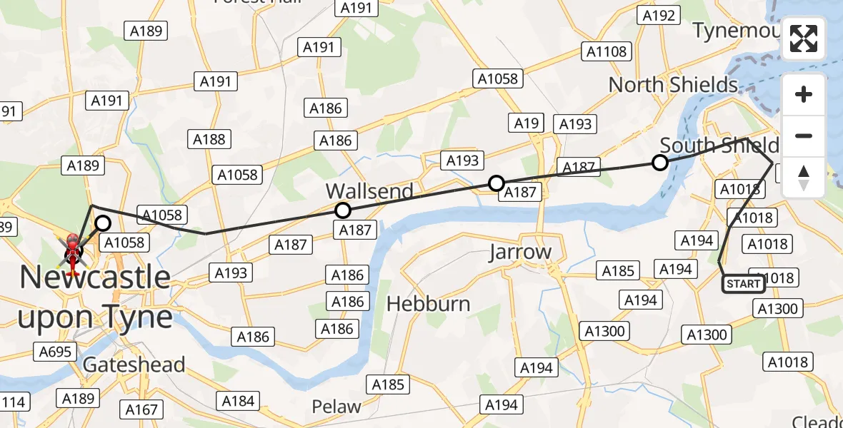 Flight path map showing Air Ambulance Helicopter route from South Shields to Newcastle Royal Victoria Infirmary