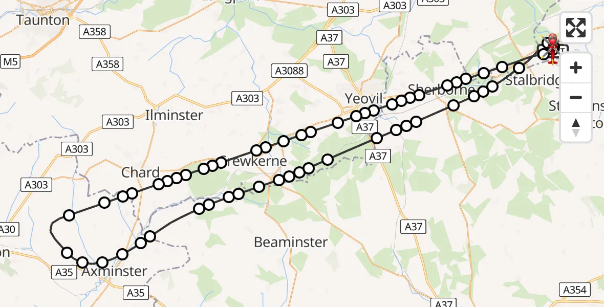 Flight path map showing Air Ambulance Helicopter route from Henstridge Airfield to Henstridge Airfield