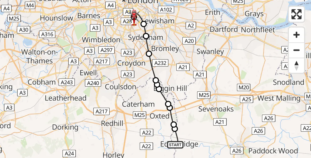 Flight path map showing Air Ambulance Helicopter route from Edenbridge to Kings College London Hospital