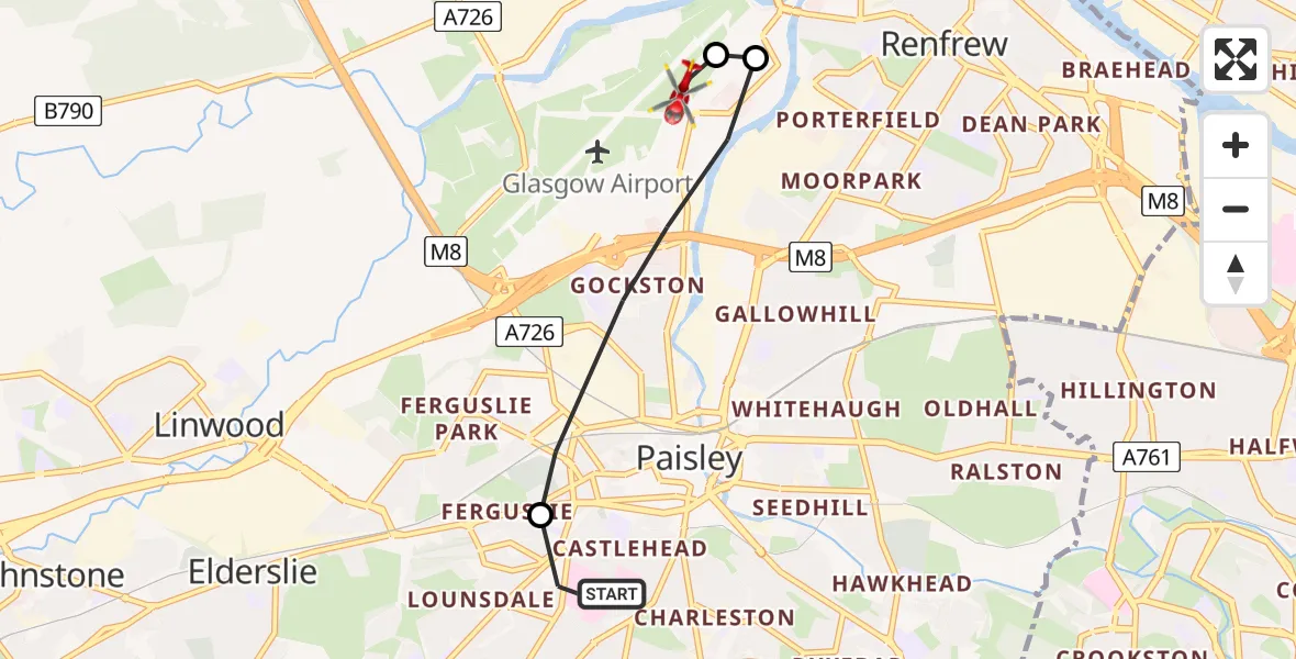 Flight path map showing Air Ambulance Helicopter route from Royal Alexandria Hospital Paisley to Glasgow Airport