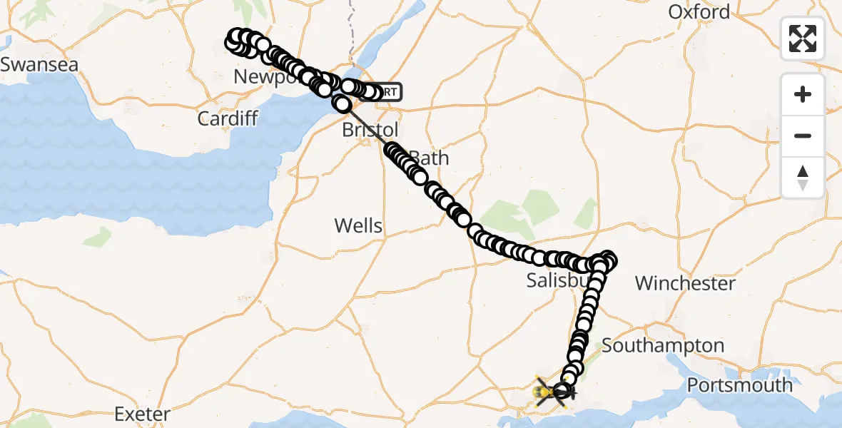 Flight path map showing Police Helicopter route from Almondsbury Helicopter Base to Bournemouth Airport