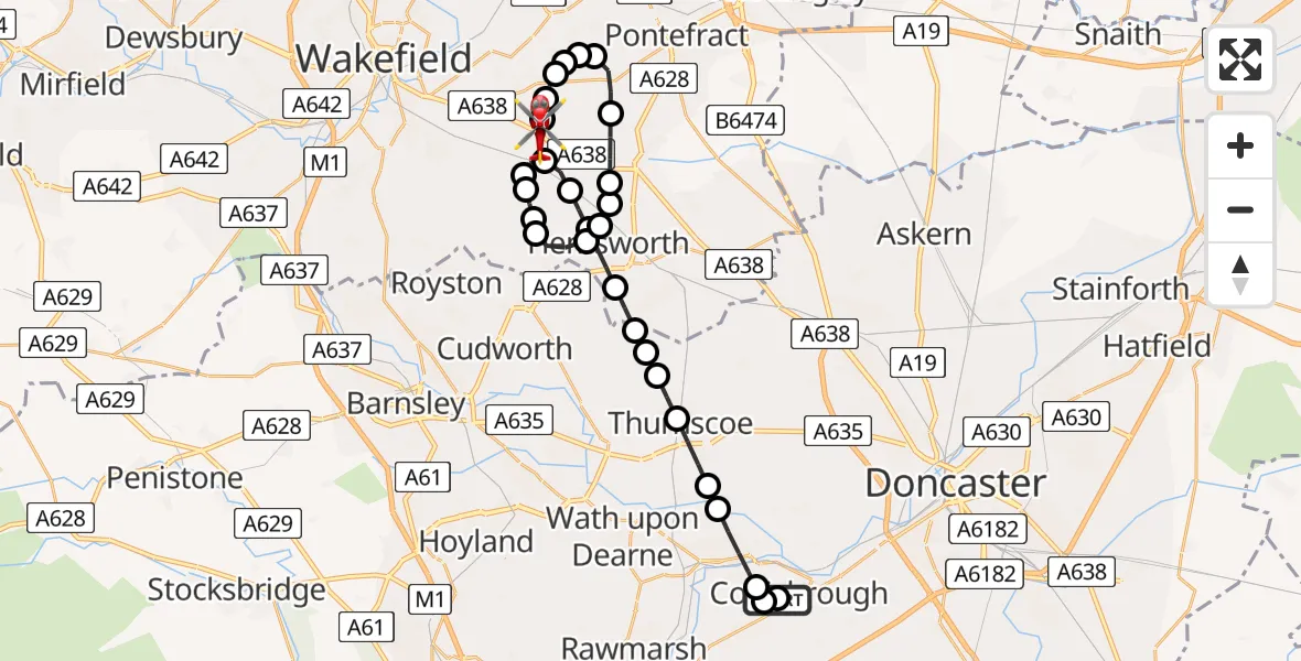 Flight path map showing Air Ambulance Helicopter route from Denaby Main to YAA Nostell Helicopter Port