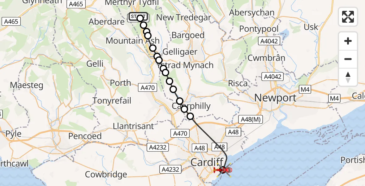 Flight path map showing Air Ambulance Helicopter route from Abercanaid to Cardiff Heliport