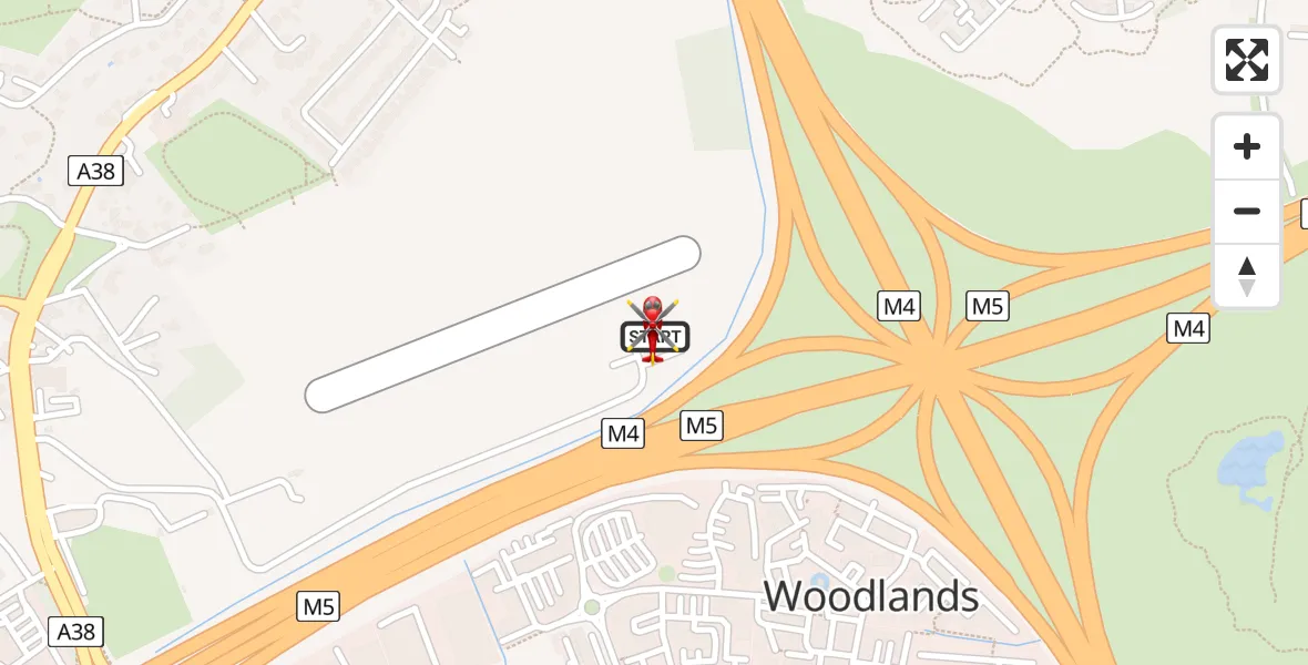 Flight path map showing Air Ambulance Helicopter route from Almondsbury Helicopter Base to Almondsbury Helicopter Base
