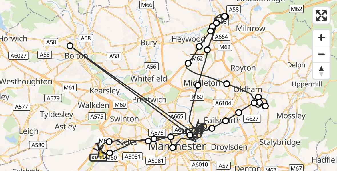 Flight path map showing Police Helicopter route from Manchester Barton Aerodrome to Irlam