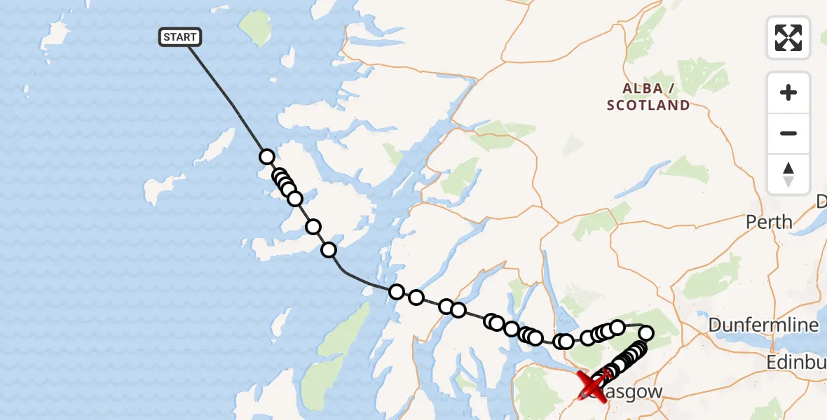 Flight path map showing Air Ambulance Aircraft route from Inner Seas to Glasgow Airport