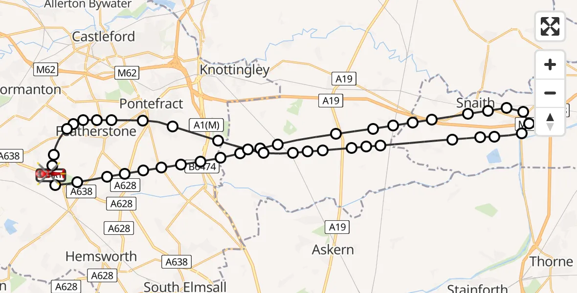 Flight path map showing Air Ambulance Helicopter route from YAA Nostell Helicopter Port to YAA Nostell Helicopter Port