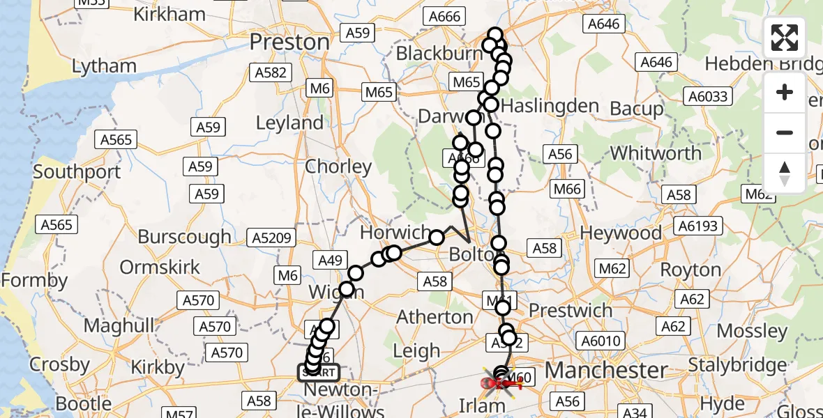 Flight path map showing Air Ambulance Helicopter route from Haydock to Manchester Barton Aerodrome