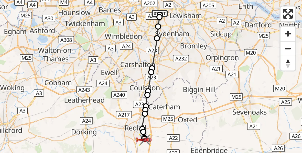 Flight path map showing Air Ambulance Helicopter route from Kings College London Hospital to Redhill Aerodrome