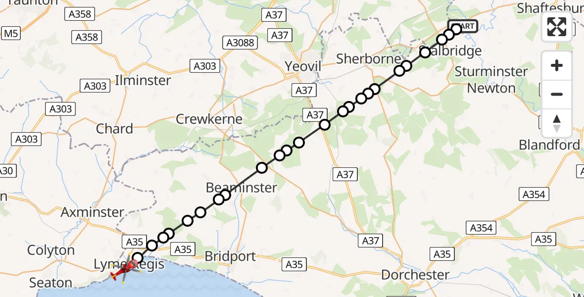 Flight path map showing Air Ambulance Helicopter route from Henstridge Airfield to Lyme Regis