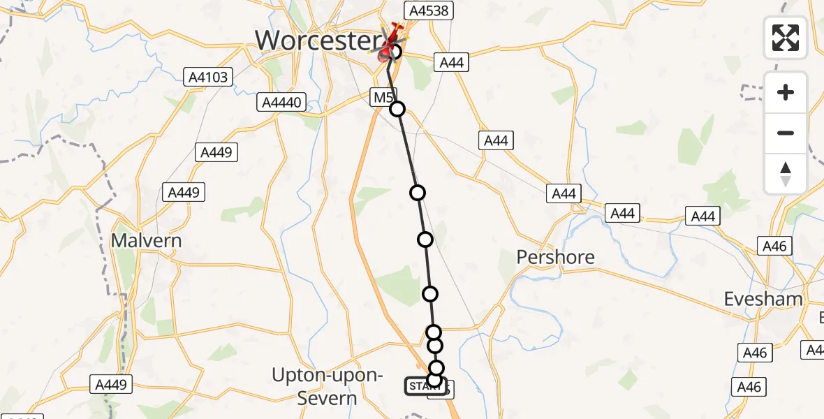 Flight path map showing Air Ambulance Helicopter route from Hill Croome to Worcester