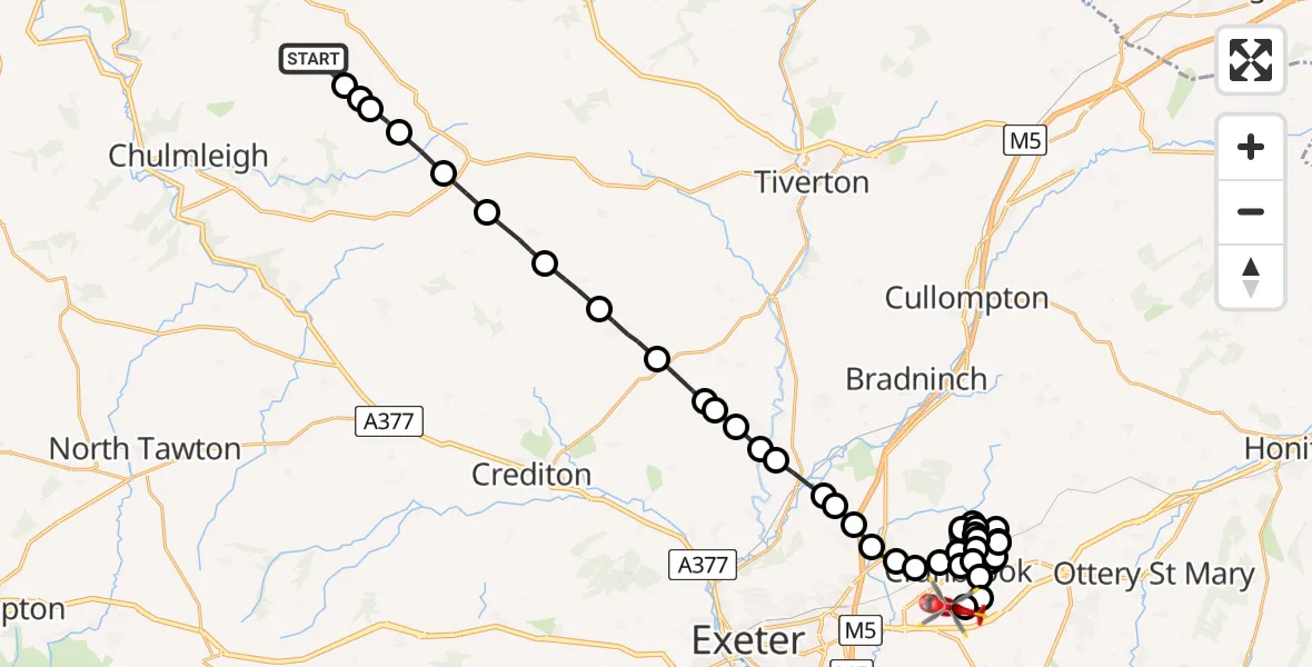 Flight path map showing Air Ambulance Helicopter route from Meshaw to Exeter International Airport