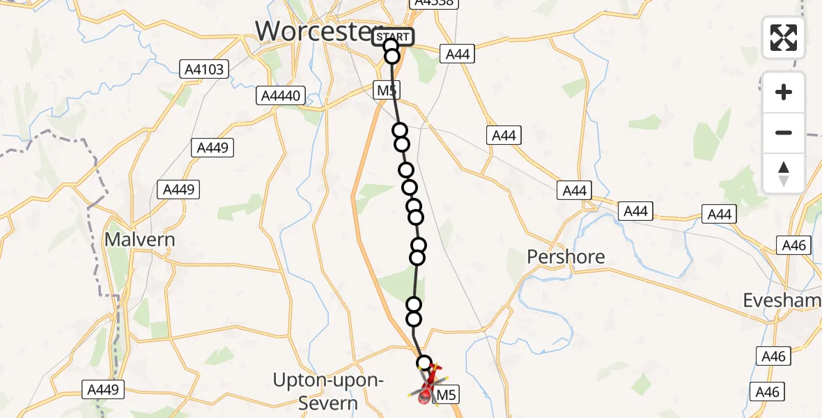 Flight path map showing Air Ambulance Helicopter route from Worcester Royal Hospital to Hill Croome
