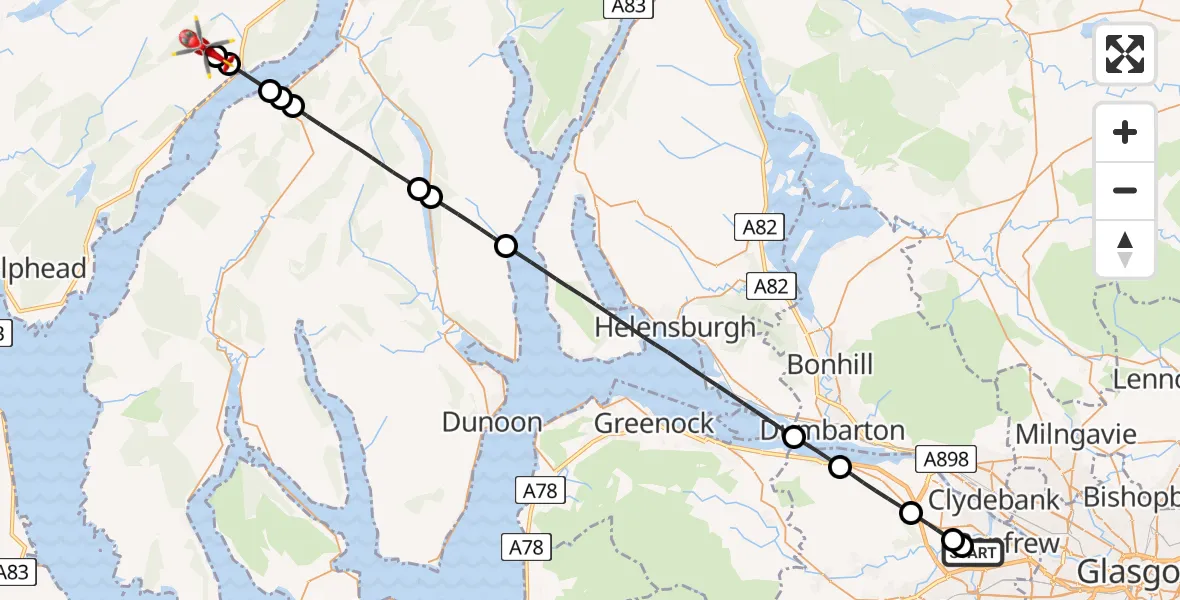 Flight path map showing Air Ambulance Helicopter route from Glasgow Airport to Brenchoille