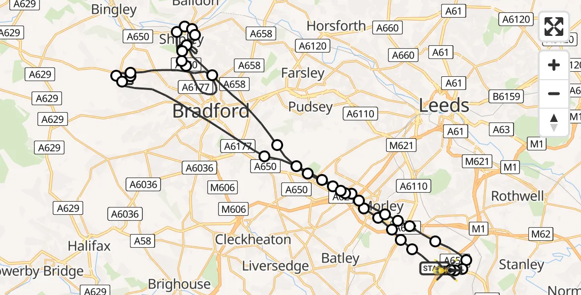 Flight path map showing Police Helicopter route from East Ardsley to East Ardsley
