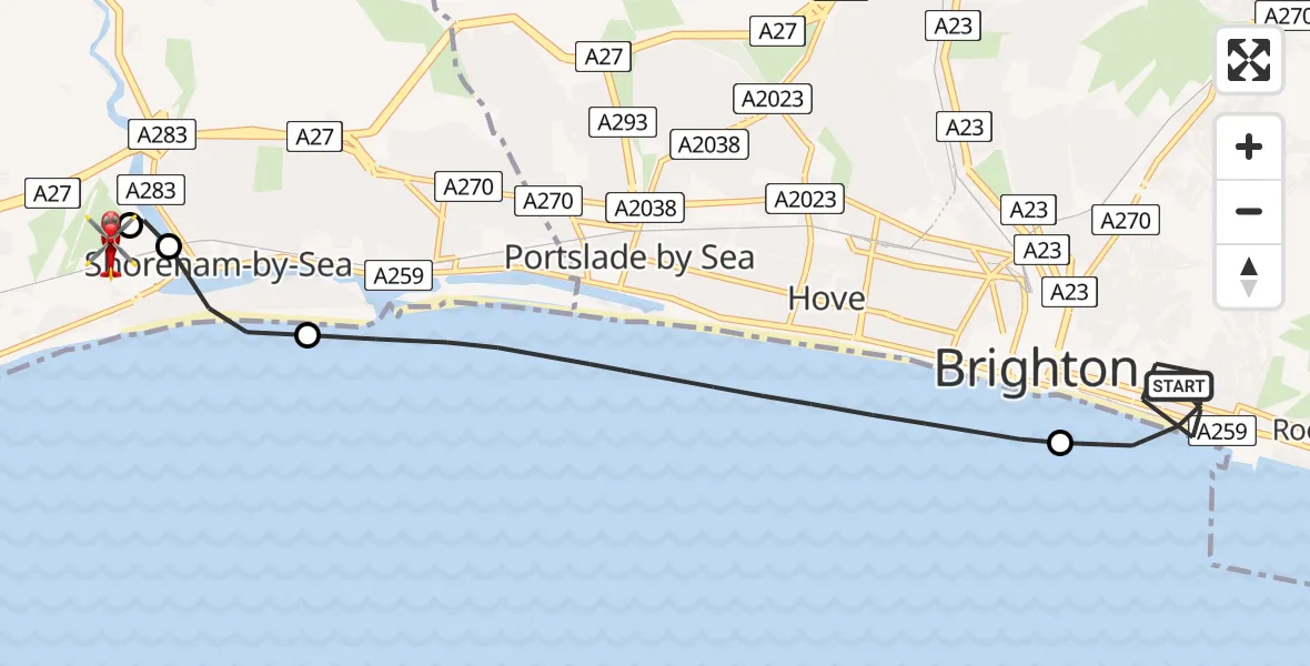 Flight path map showing Air Ambulance Helicopter route from Brighton to Brighton City Airport