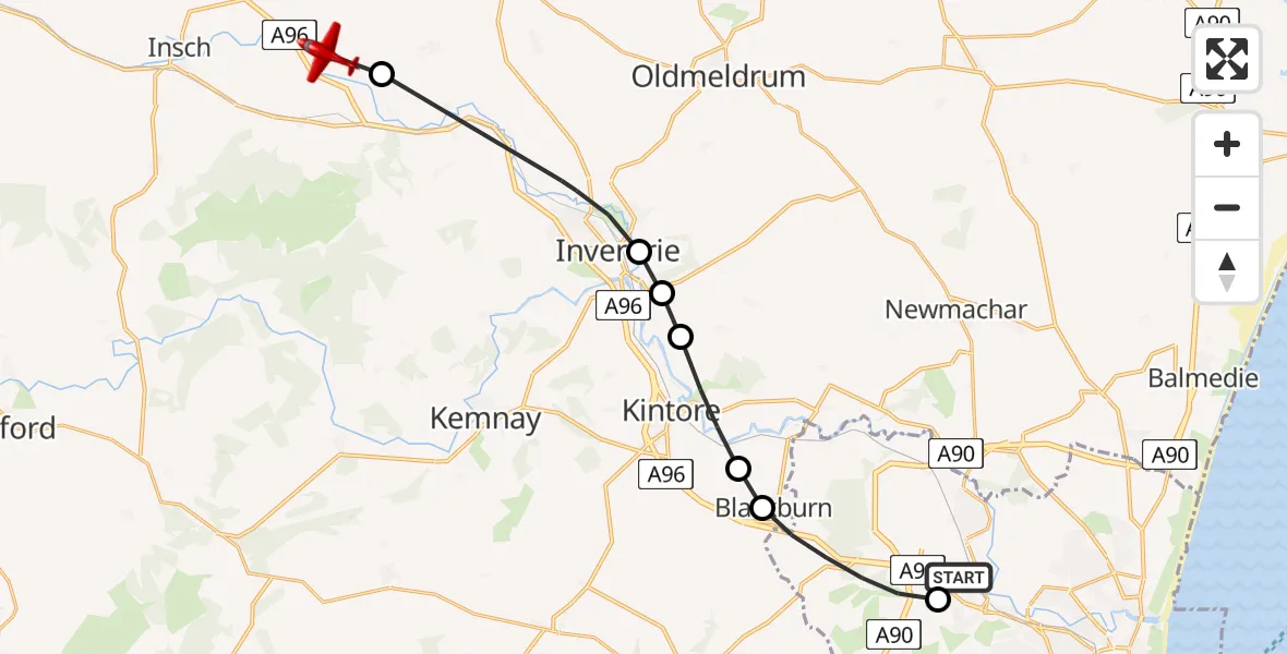 Flight path map showing Air Ambulance Aircraft route from Aberdeen International Airport to Old Rayne