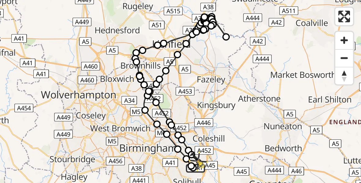 Flight path map showing Police Helicopter route from Solihull to Birmingham Airport