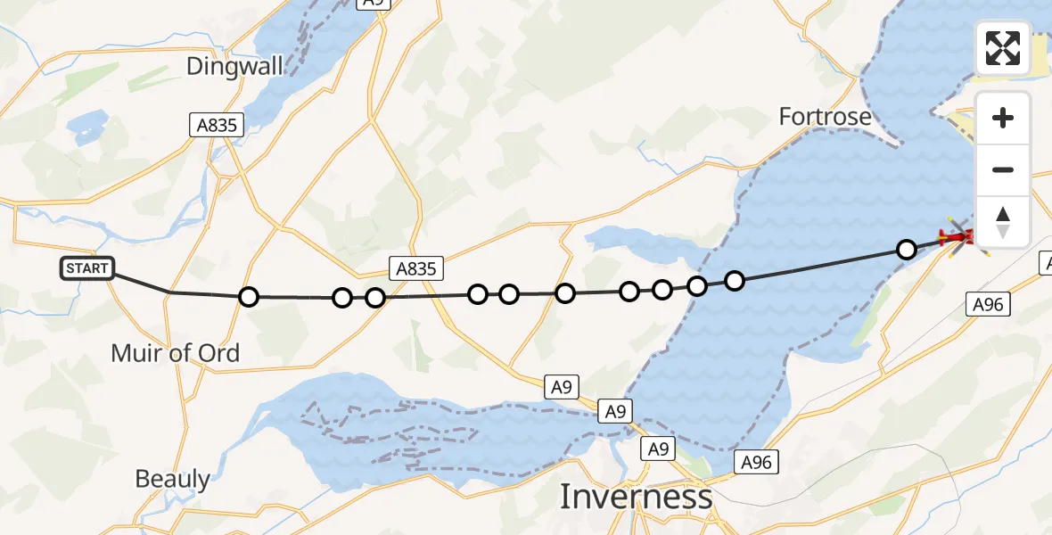Flight path map showing Air Ambulance Helicopter route from Muir of Ord to Ardersier