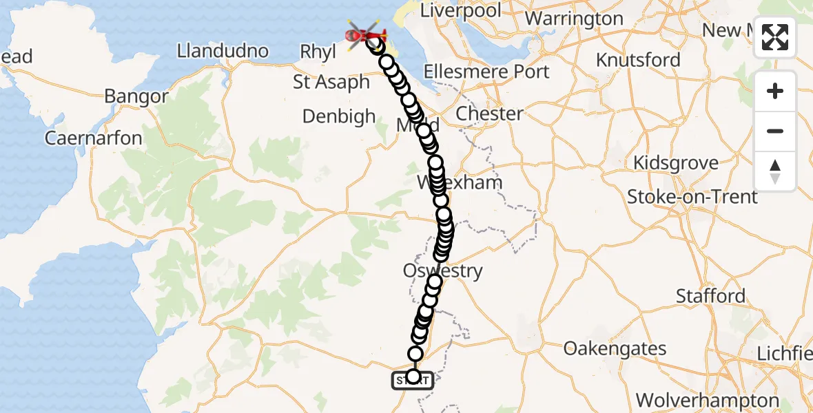 Flight path map showing Air Ambulance Helicopter route from Welshpool Airport to Talacre