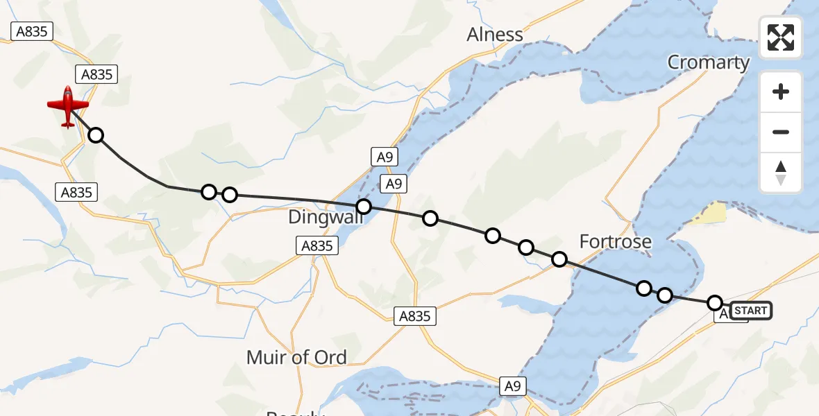 Flight path map showing Air Ambulance Aircraft route from Lochside to Garve