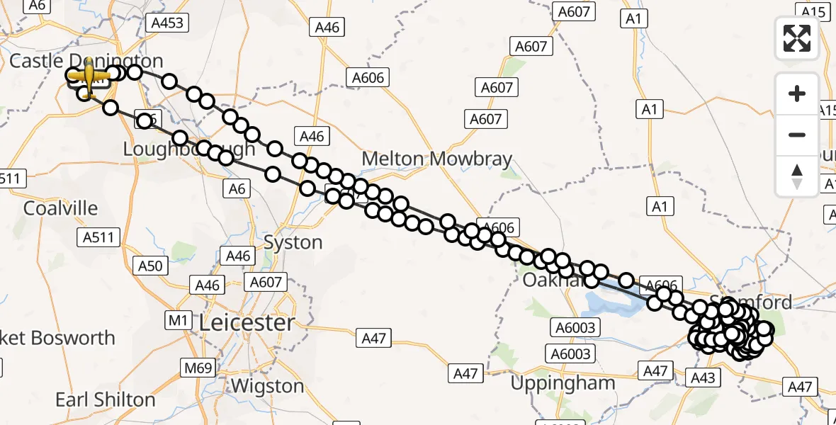 Flight route Police Aircraft East Midlands Airport - East Midlands Airport, 02 March 2026, 14:03