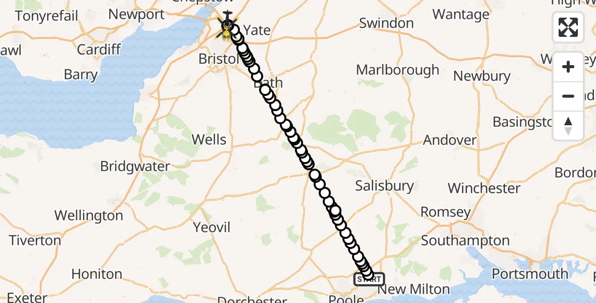 Flight path map showing Police Helicopter route from Parley Cross to Almondsbury Helicopter Base