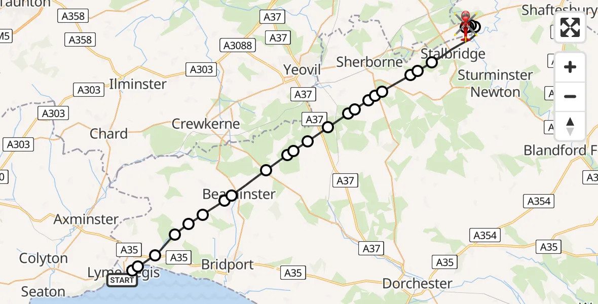 Flight path map showing Air Ambulance Helicopter route from Lyme Regis to Henstridge Airfield