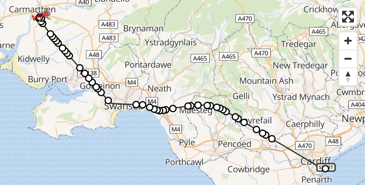 Flight path map showing Air Ambulance Helicopter route from Cardiff Heliport to Carmarthen