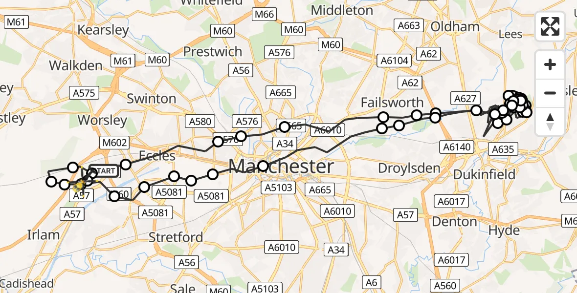 Flight path map showing Police Helicopter route from Worsley to Manchester Barton Aerodrome