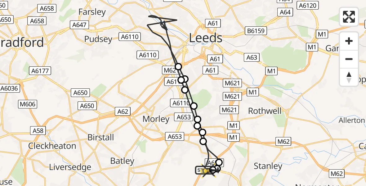 Flight path map showing Police Helicopter route from East Ardsley to East Ardsley