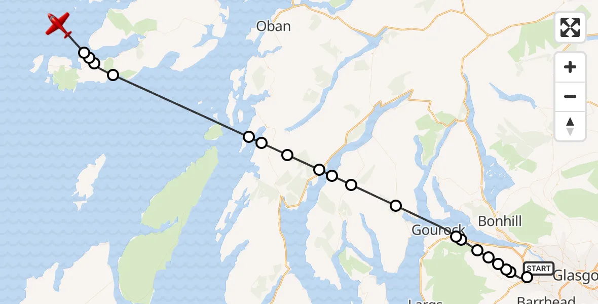 Flight path map showing Air Ambulance Aircraft route from Glasgow Airport to Inner Seas