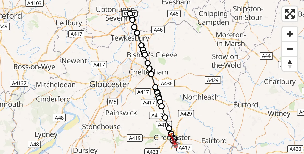 Flight path map showing Air Ambulance Helicopter route from Hill Croome to Chesterton
