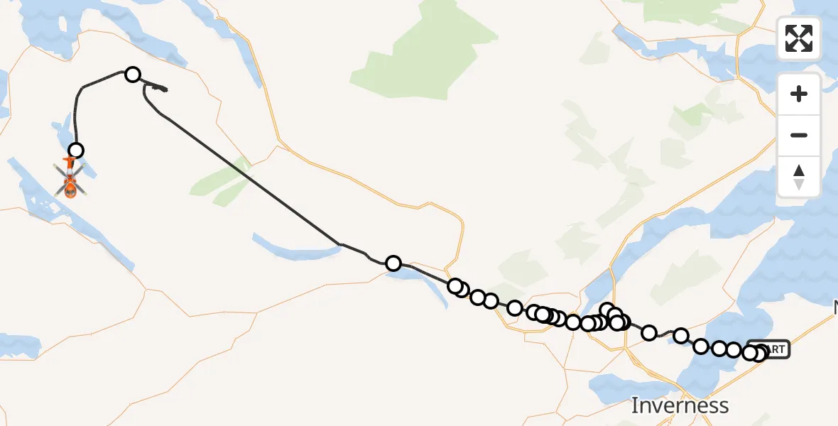 Flight path map showing Coastguard Helicopter route from Inverness Airport to Fionn Loch