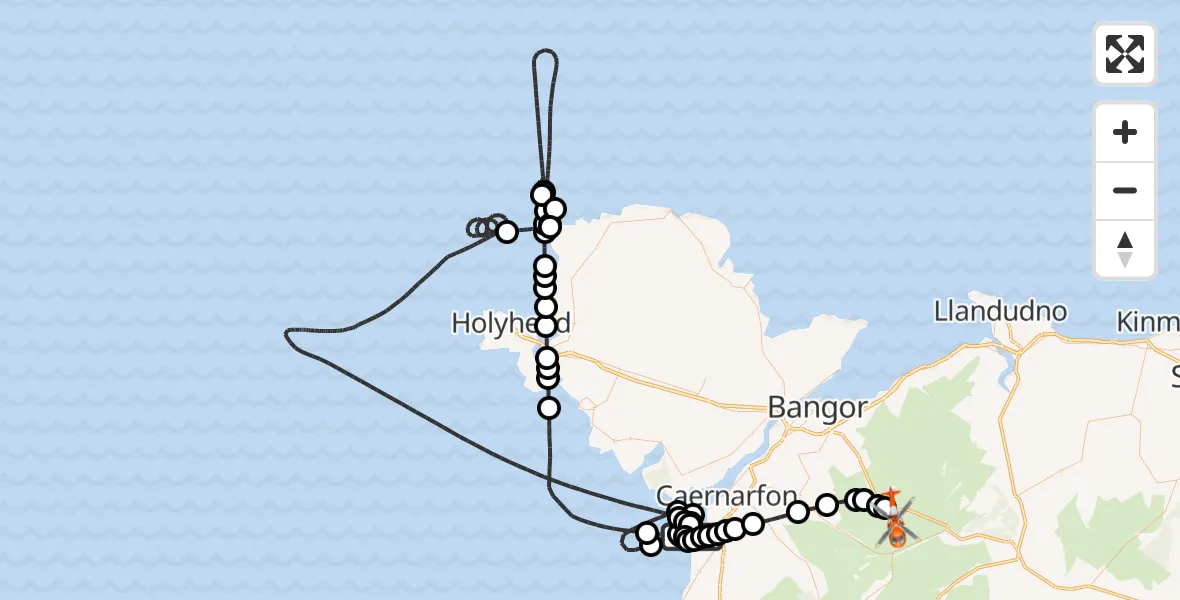 Flight path map showing Coastguard Helicopter route from Caernarfon Airport to Capel Curig