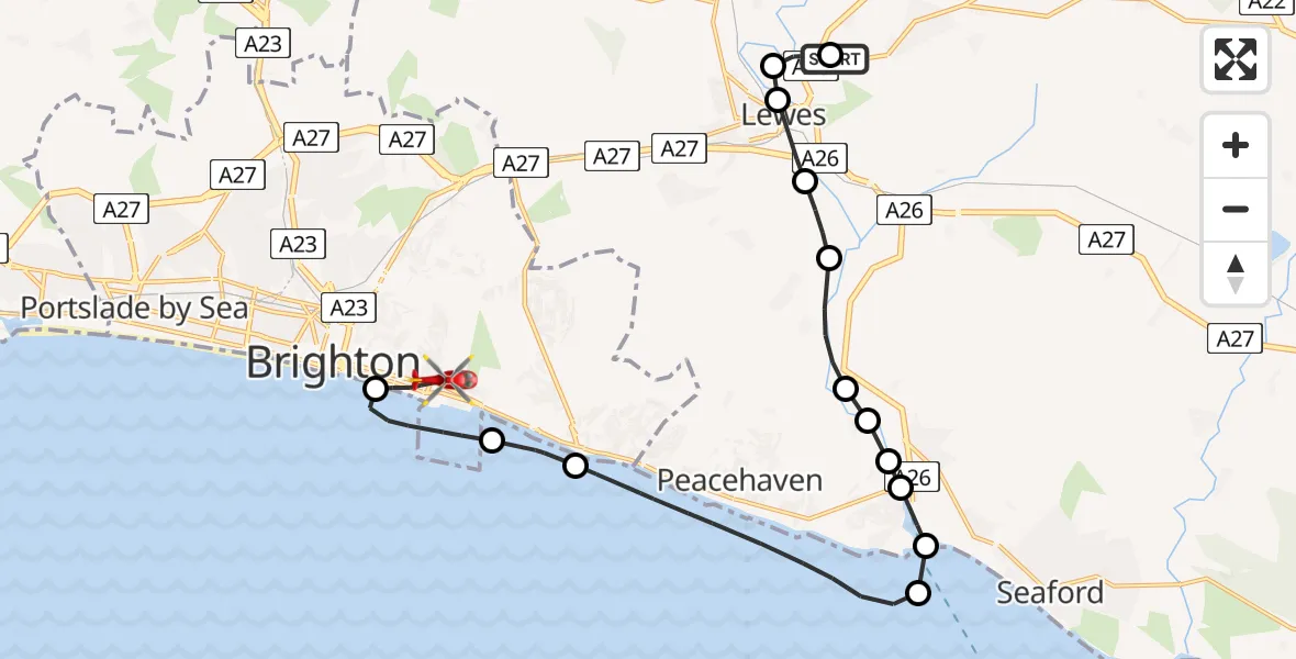 Flight path map showing Air Ambulance Helicopter route from Ringmer to Brighton