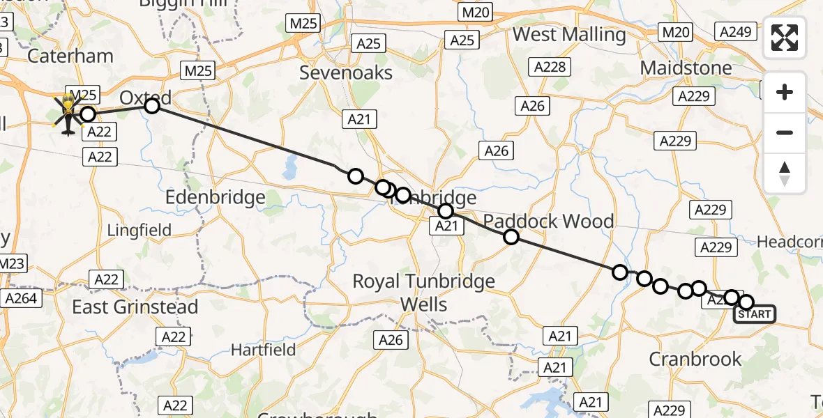 Flight path map showing Police Helicopter route from Frittenden to Godstone