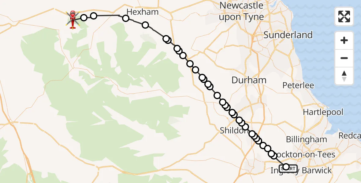 Flight path map showing Air Ambulance Helicopter route from Egglescliffe to Plenmeller with Whitfield