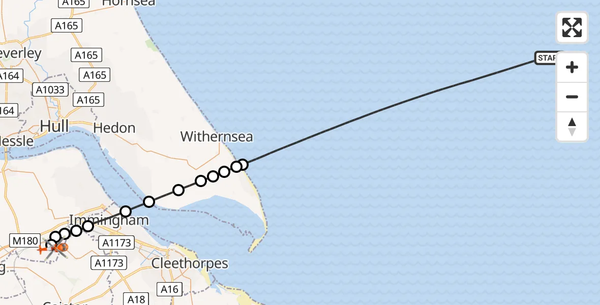 Flight path map showing Coastguard Helicopter route from North Sea to Humberside Airport