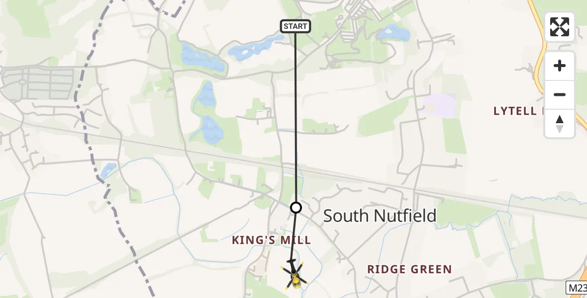 Flight path map showing Police Helicopter route from Nutfield to South Nutfield
